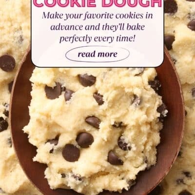 Chocolate chip cookie dough in the background and a large wooden spoon of chocolate chip cookie dough on top, front and center with the headline text 'How To Freeze Cookie Dough' overlayed.