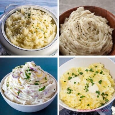 A square image collage showing rustic red skin mashed potatoes, mashed potatoes without milk, roasted garlic mashed potatoes, and cream cheese mashed potatoes.