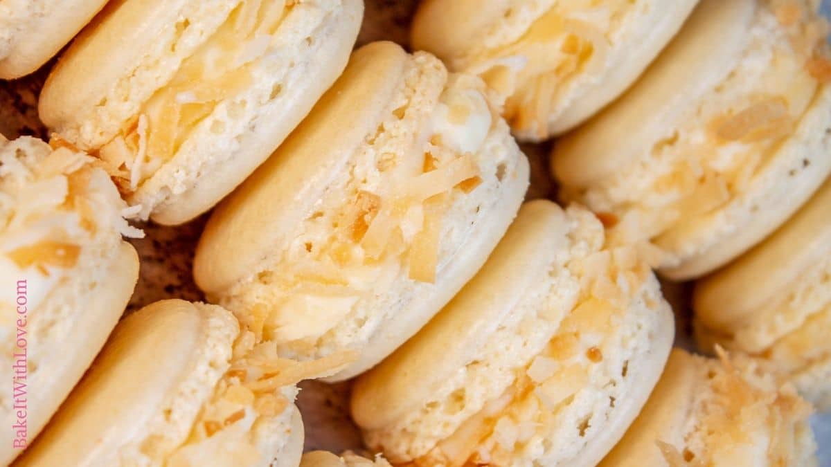 Wide image showing rows of stacked toasted coconut macarons.