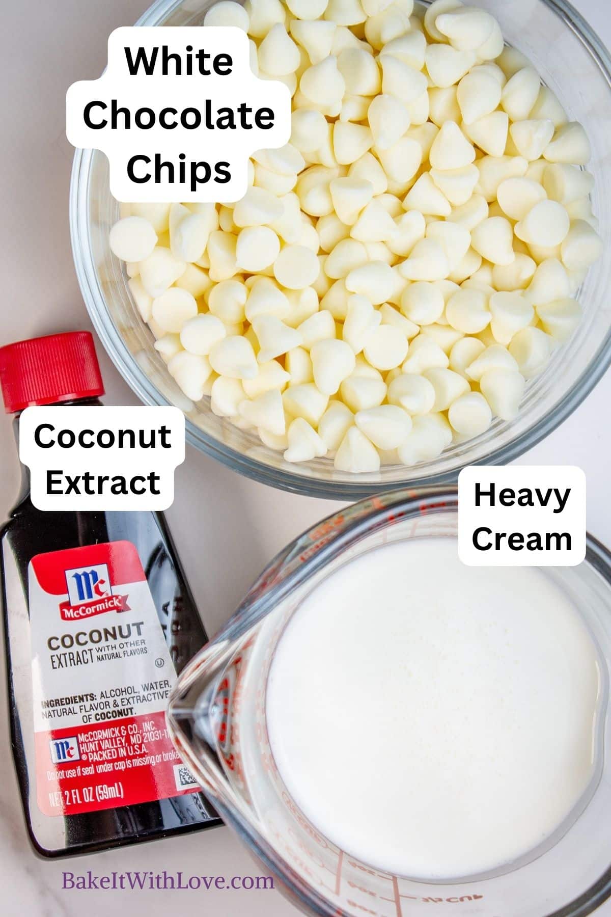 Ingredients for coconut white chocolate ganache that have been measured out and labeled.