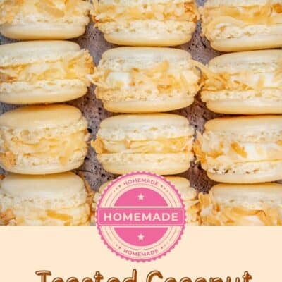 Toasted coconut macarons pin showing rows of stacked coconut macarons.