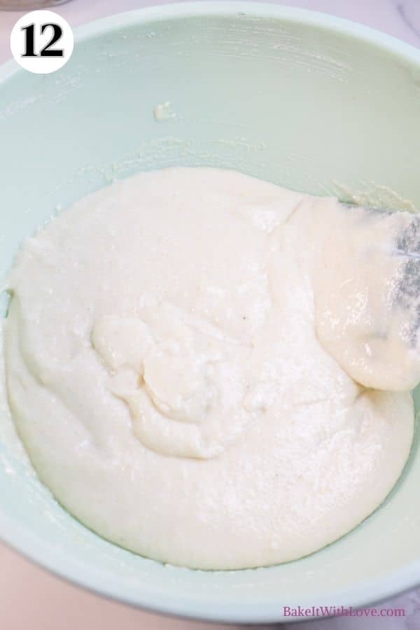 Toasted coconut macarons process photo 12 showing the fully mixed macaron batter in a mixing bowl.