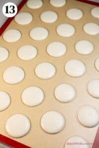 Toasted coconut macarons process photo 13 showing rows of piped, unbaked macarons on a silicone baking mat.