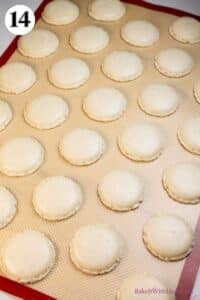 Toasted coconut macarons process photo 14 showing rows of baked coconut macarons on a silicone baking mat.