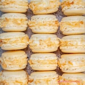 Square image showing rows of stacked toasted coconut macarons.