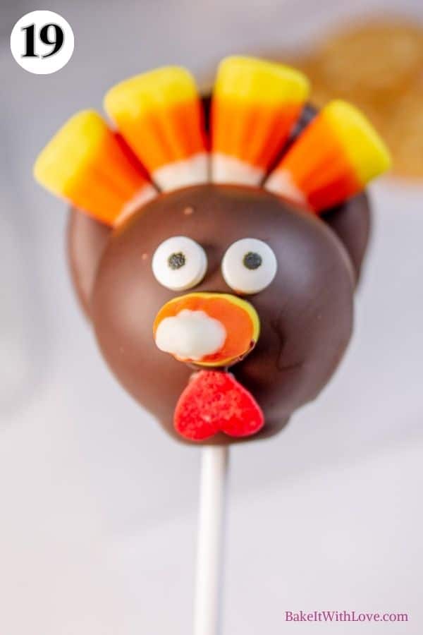 Turkey cake pops process photo 19 showing a finished turkey cake pop with candy corn feathers, a candy corn beak, candy eyes, and a heart sprinkle wattle.