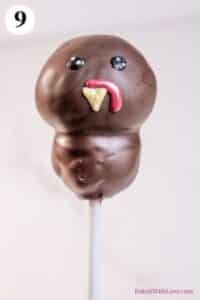 Turkey cake pops process photo 9 showing the dipped cake pop with a beak, eyes, and wattle made of chocolate.