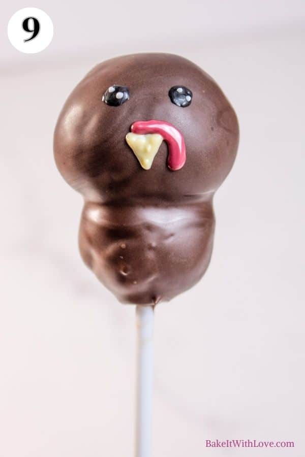 Turkey cake pops process photo 9 showing the dipped cake pop with a beak, eyes, and wattle made of chocolate. 