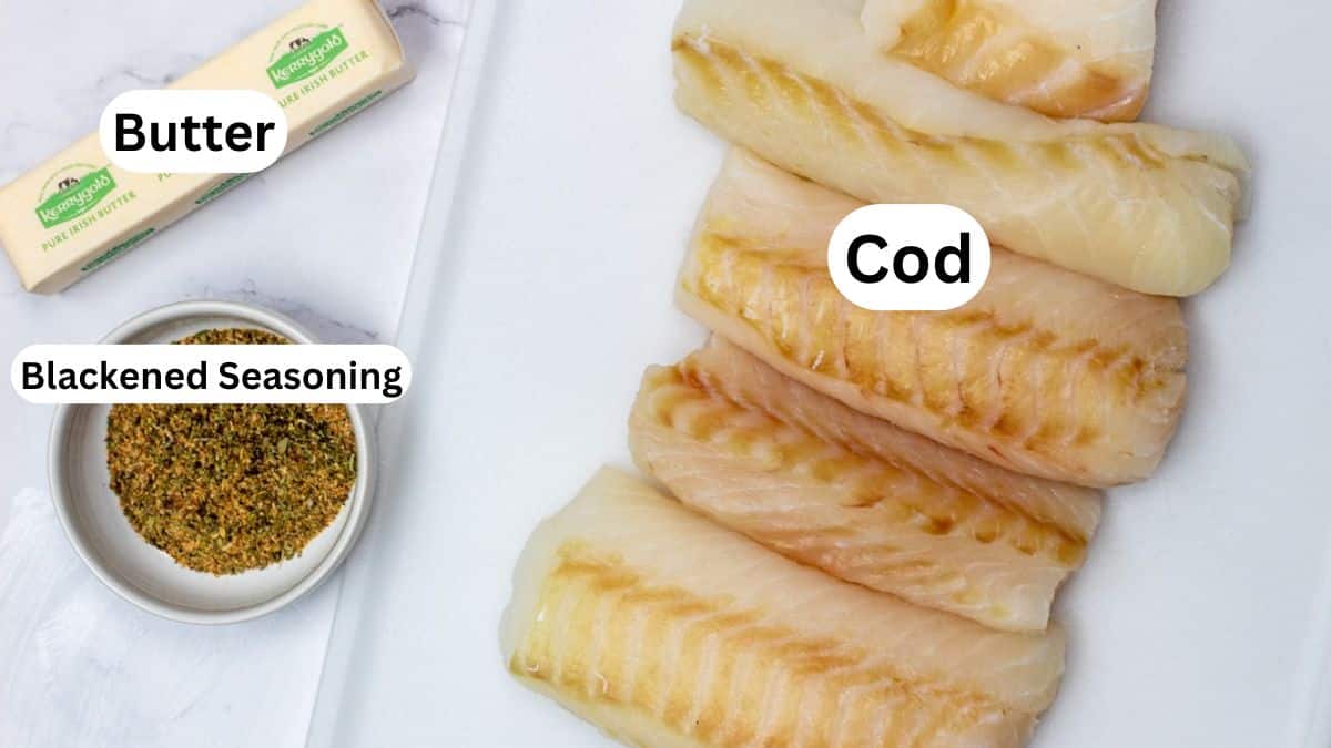 Wide image showing the ingredients needed for blackened cod.