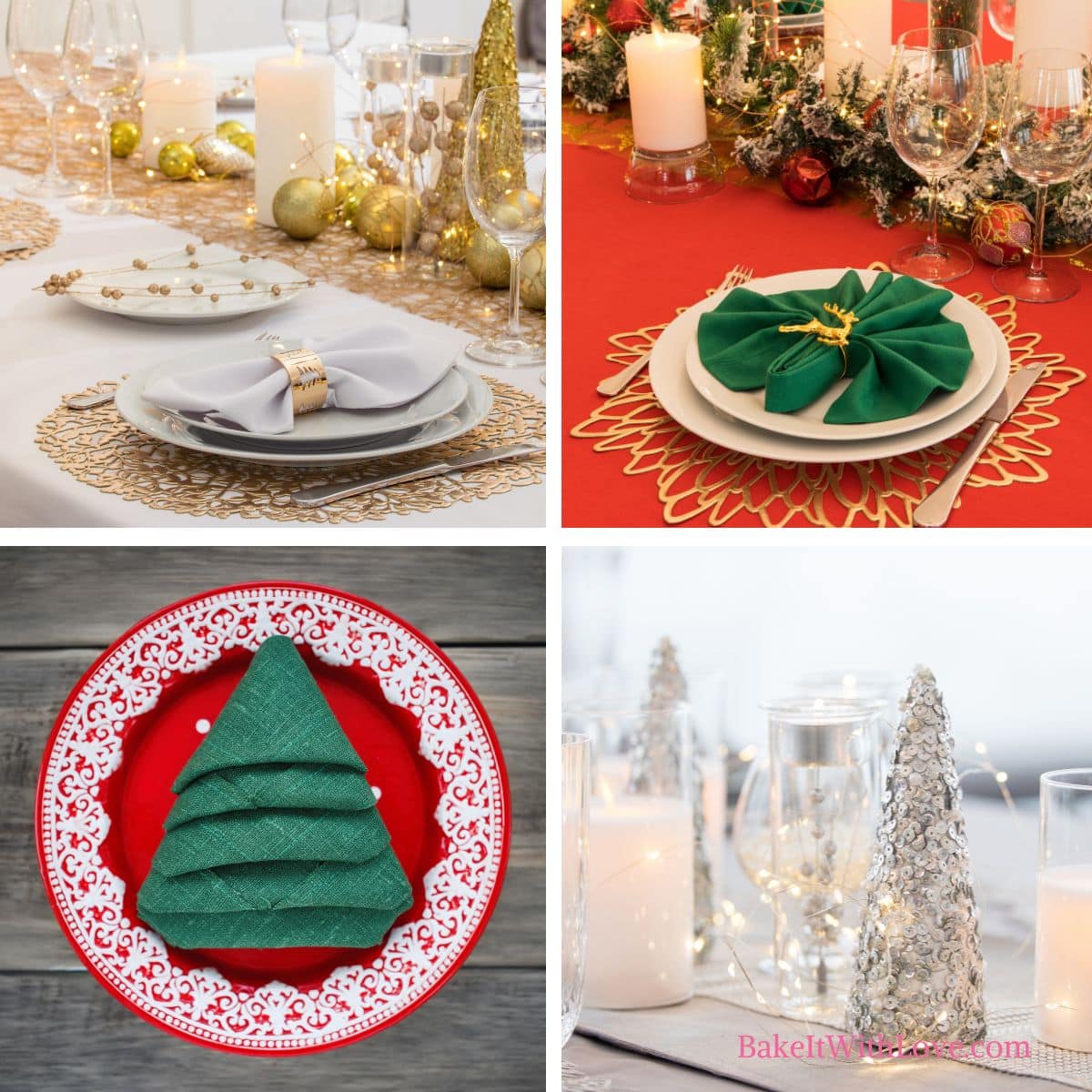 A square four-image collage showing a beautiful gold Christmas tablescape, a classic red and green tablescape, an icy silver tablescape, and a dinner napkin folded like a Christmas tree.