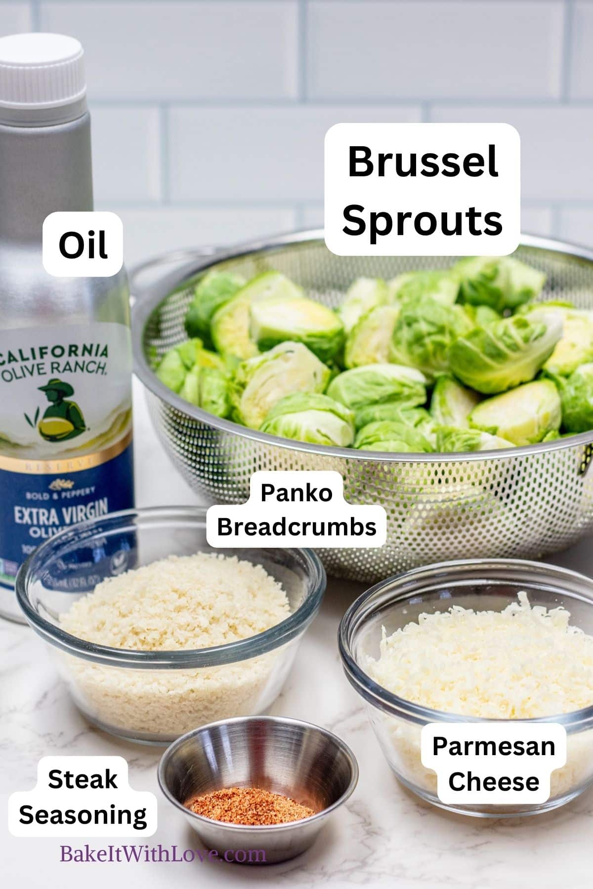 Crispy parmesan smashed brussel sprouts ingredients that are measured out and labeled. 