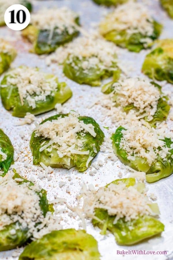 Crispy parmesan smashed brussel sprouts process photo 10 showing the smashed brussel sprouts with the parmesan panko topping.