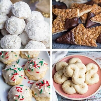 A square four-image collage showing powdered sugar covered Russian tea cakes, German nut corner cookies or nussecken, Italian ricotta cookies with green and red springles, and doughy infinity simbol-shaped kringla.