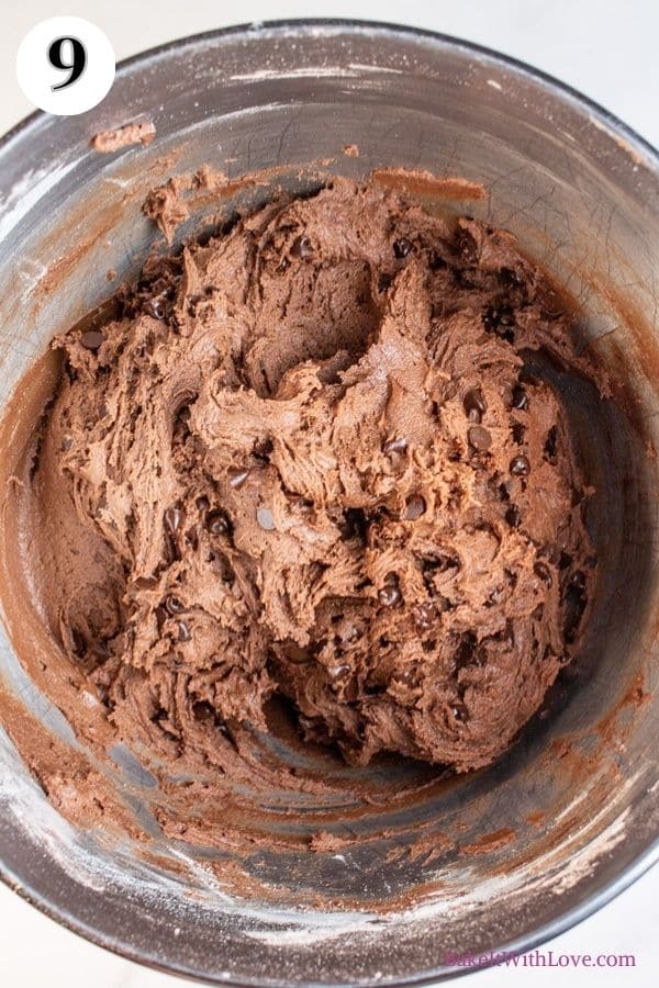 Hot chocolate cookies process photo 9 showing the completed hot chocolate cookie dough in a metal mixing bowl. 