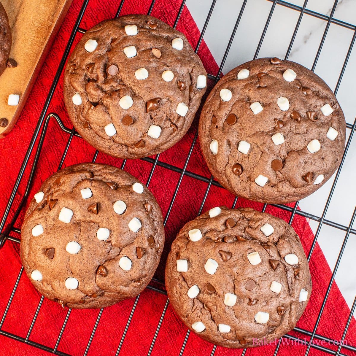 Hot chocolate cookies square image showing four hot chocolate cookies on a wire cooling rack.