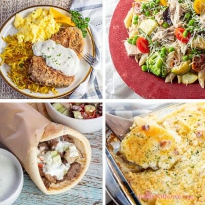 A square four-image collage showing leftover prime rib chicken fried steak with gravy, vibrant leftover turkey pasta primavera, simple lamb gyros, and cheesy holiday ham and potato casserole.