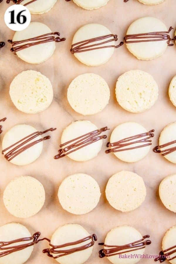 Mint chocolate macarons process photo 16 showing macaron shells on a piece of parchment paper with half of them having a drizzle of chocolate over top. 