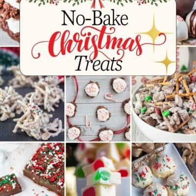 No bake christmas treats pin showing nine different tasty no-bake holiday treats with text overlayed.