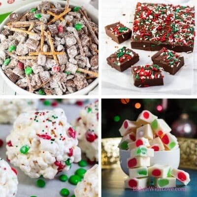 A square four-image collage showing reindeer chow chocolate and peanut butter chex mix, rich chocolate Christmas fudge with red and green sprinkles, Christmas popcorn balls with holiday M&Ms and sprinkles, and white Christmas nougat squares filled with red or green gumdrops.