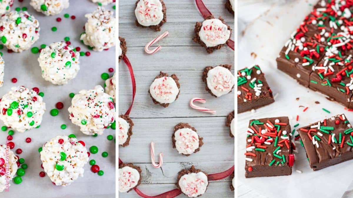 A wide trio imagee showing no-bake Christmas popcorn balls with red and green M&Ms, no-bake chocolate peppermint cookies, and rich Christmas fudge with festive sprinkles.