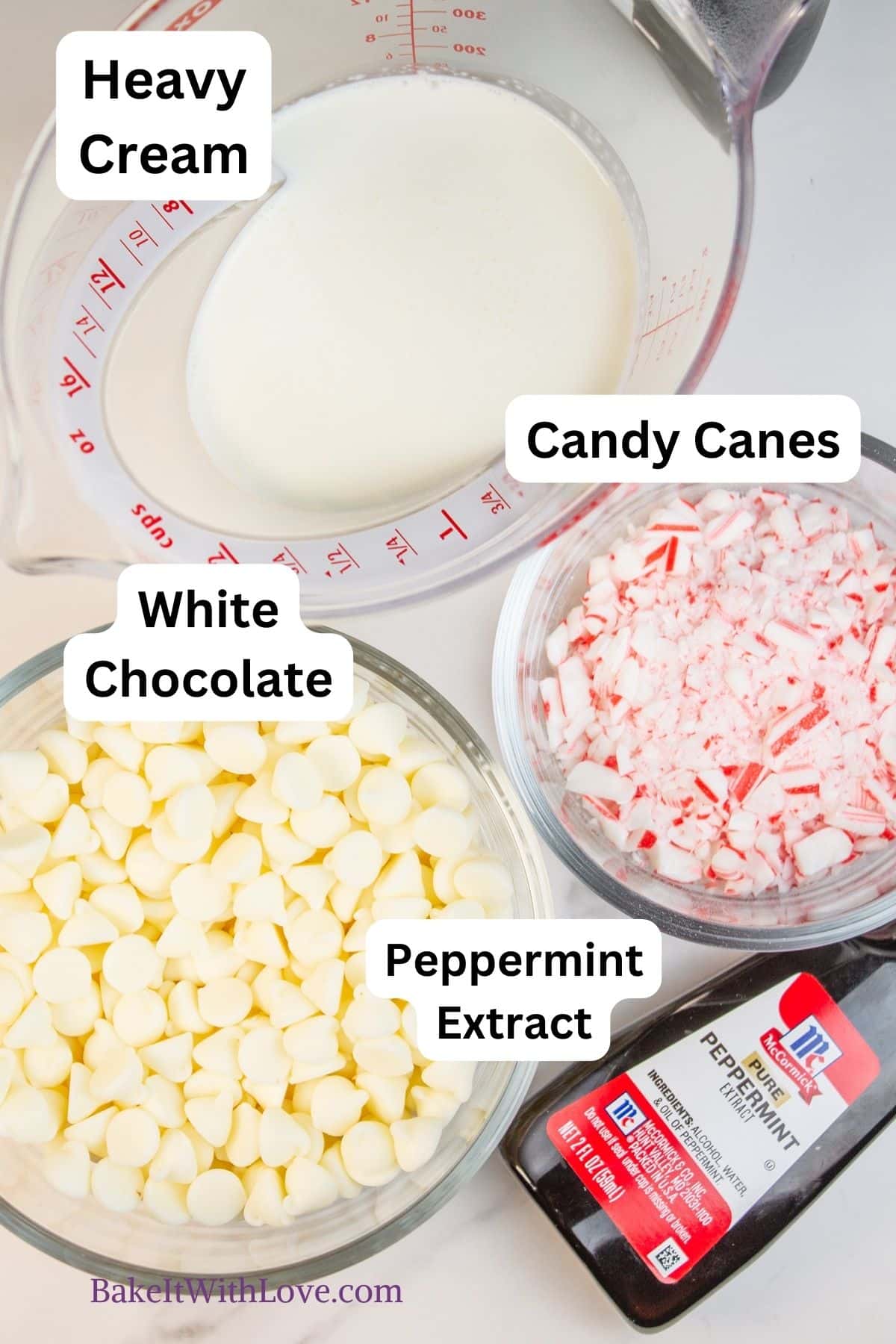 Peppermint white chocolate ganache ingredients that are portioned out and labeled. 