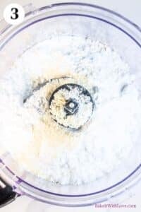 Peppermint macarons process photo 3 showing almond flour and confectioners sugar in the bowl of a food processor.