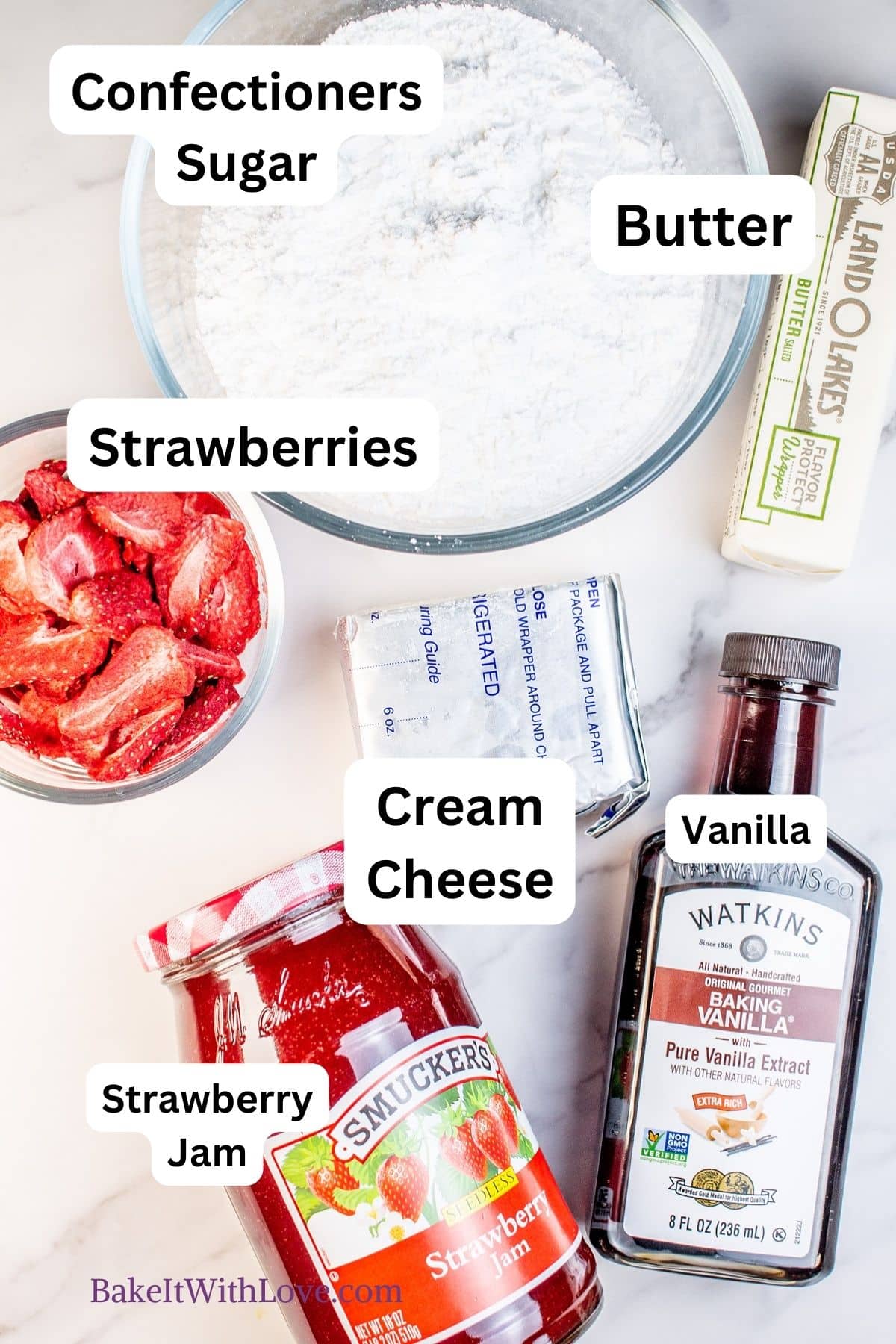 Strawberry filling ingredients that are portioned out and labeled. 