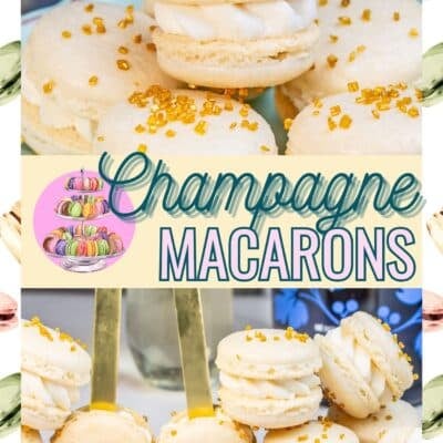 Best champagne macaron recipe pin featuring two images of the assembled macarons with text divider and macaron graphics border.