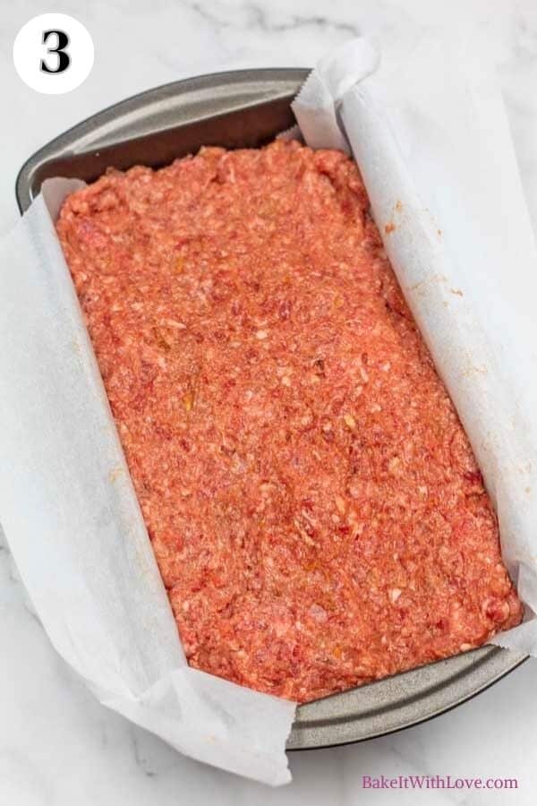 Process photo 3 meatloaf formed in loaf pan.