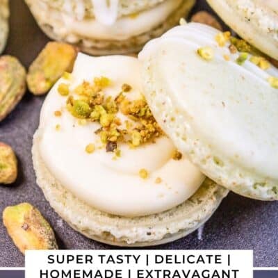 Best pistachio macarons recipe pin featuring two images of the macarons assembled plus an open cookie showing the filling and more crumbled pistachios before sandwiching the shells together.