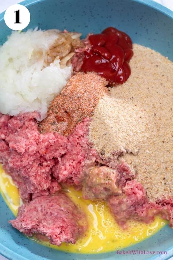 Process photo 1 add meatloaf ingredients in a large mixing bowl.