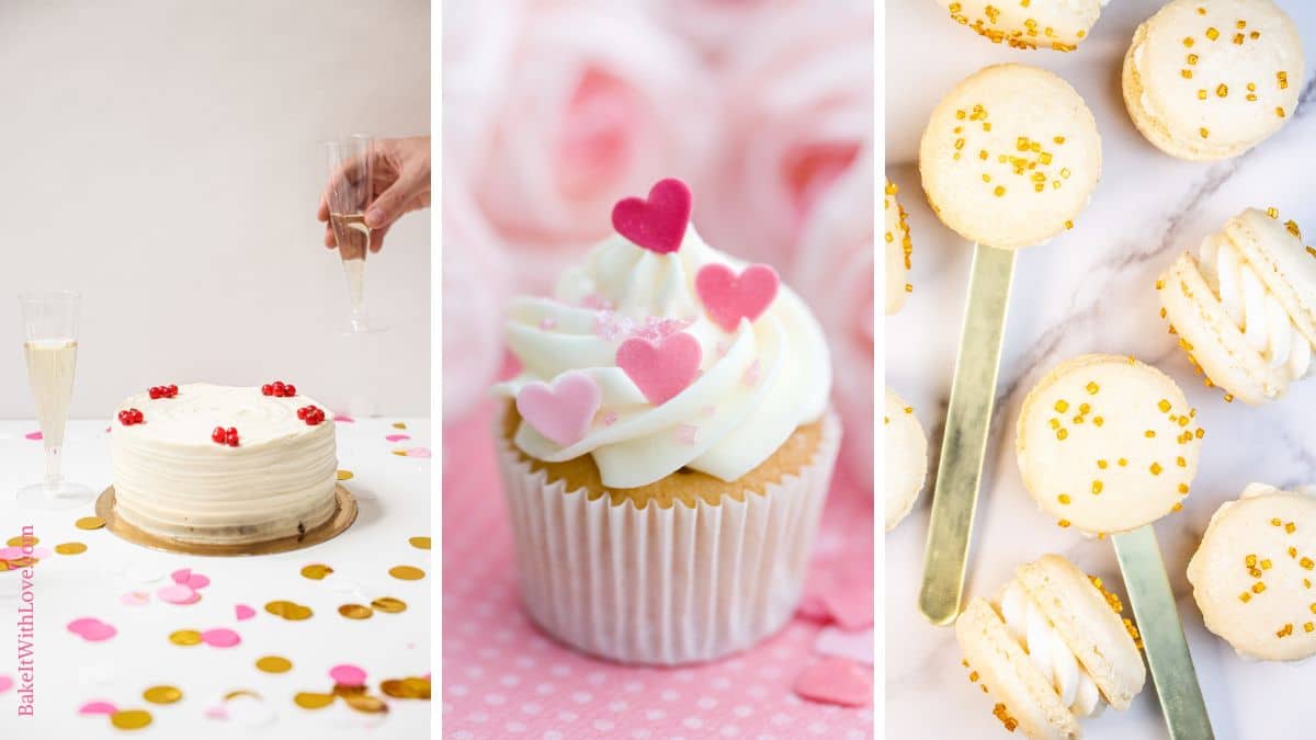 A wide image with three separate tall photos showing a champagne cake, a close-up on a chamagne cupcake with heart sprinkles, and champagne macarons with gold sprinkles.