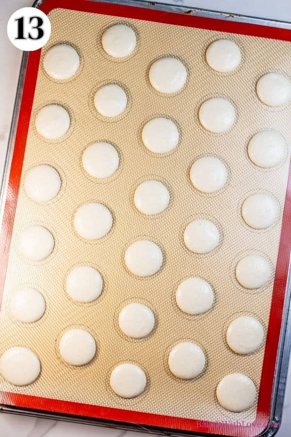 Champagne macarons process photo 13 pipe batter onto prepared baking sheet or macaron template.