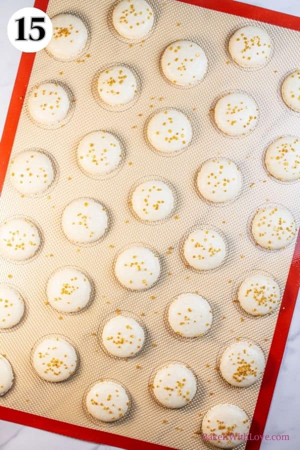 Champagne macarons process photo 15 pop bubbles and rest, then bake until set.