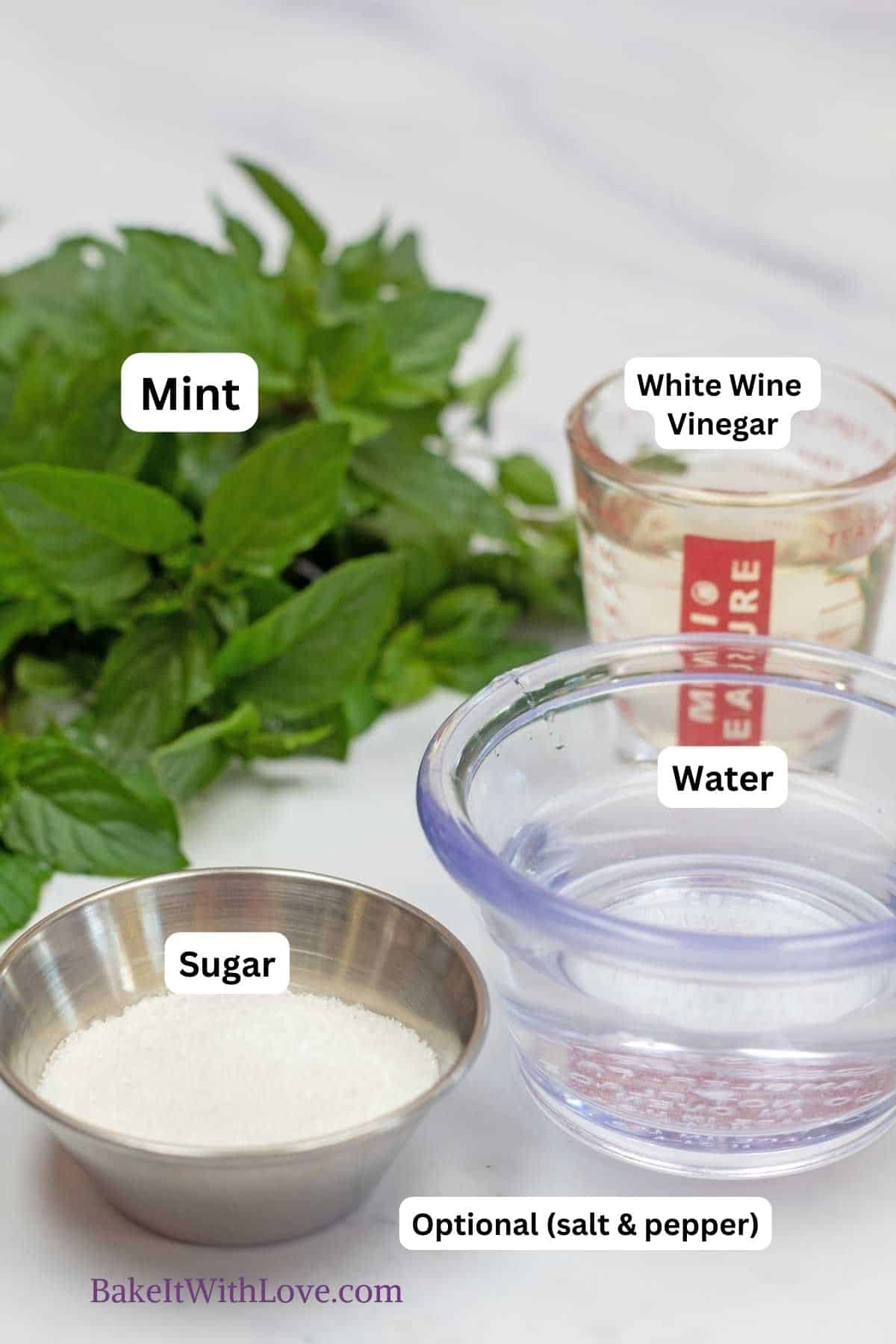 Tall image showing the ingredients with labels needed for mint sauce.