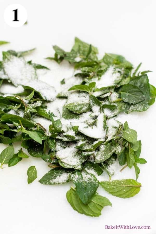 Process image 1 showing chopped mint with sugar.