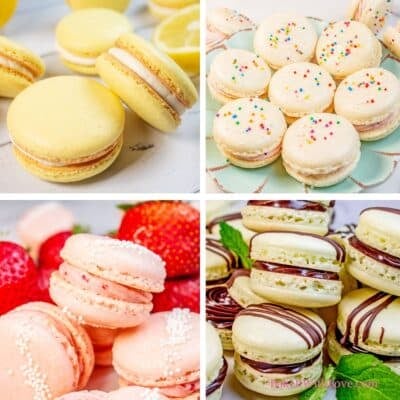 A square four-image collage showing yellow lemon macarons, white birthday cake macarons with rainbow sprinkles, pink strawberry macarons with fresh berries in the background, and mint macaons with chocolate ganache filling and fresh mint leaves scattered about.