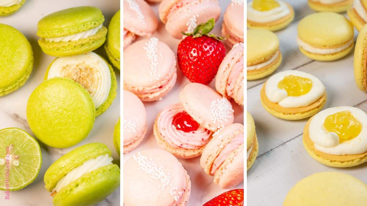 A wide trio of images showing bright green key lime macarons opened to show the buttercream, pinkstrawberry macarons opened to show the buttercream and strawberry jam, and yellow lemon macarons opened to show the lemon filling.