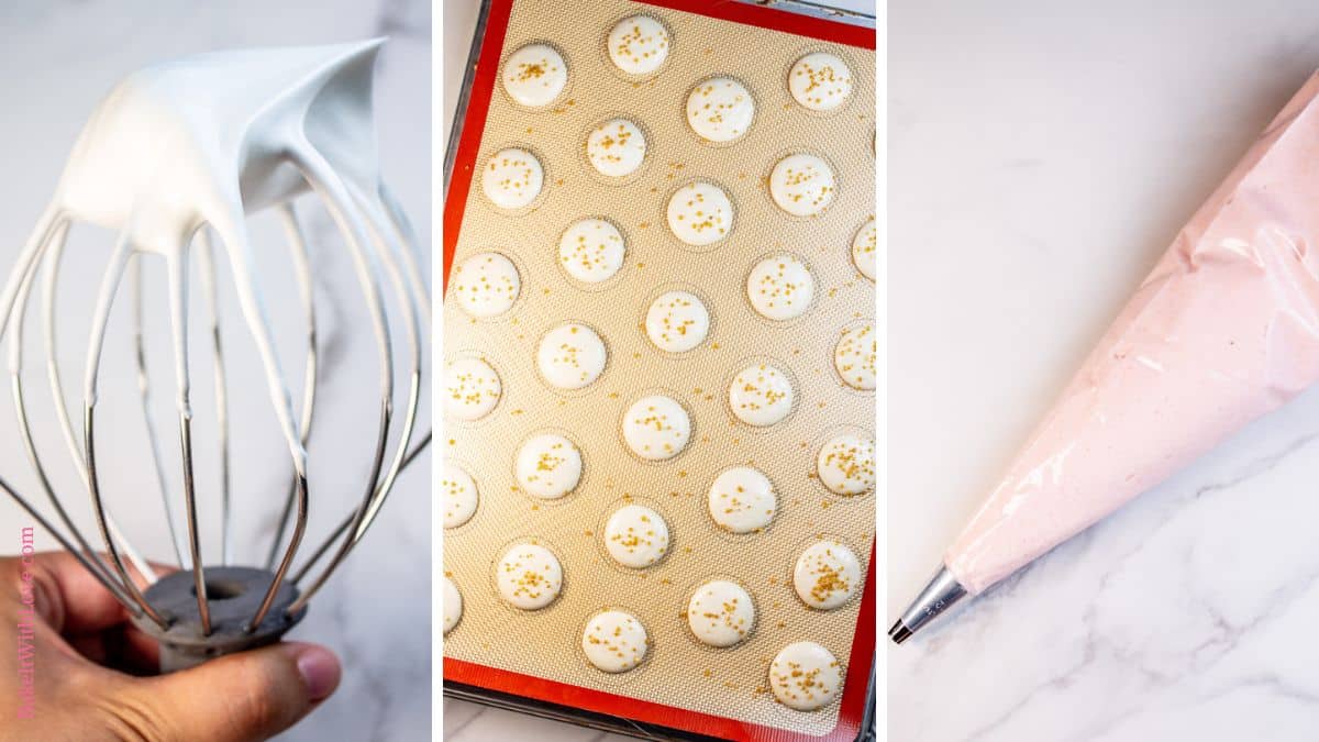 A wide trio of images showing a hand holding up the whisk attachment from a stand mixer with meringue in a perfect stiff peak on the end, canilla macaron shells on a silicone baking mat on top of a baking sheet, and a piping bag with round tip filled with strawberry buttercream.