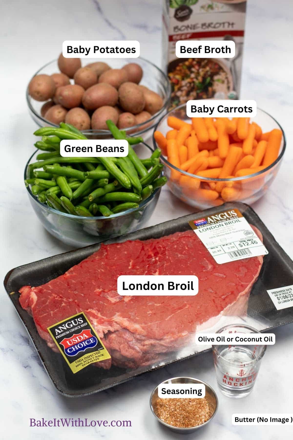 Tall image showing slow cooker London broil ingredients with labels.