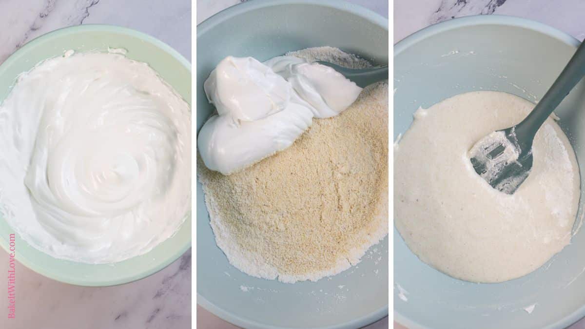 A wide trio image showing the process of folding meringue into dry ingredientes to make a macaronage.