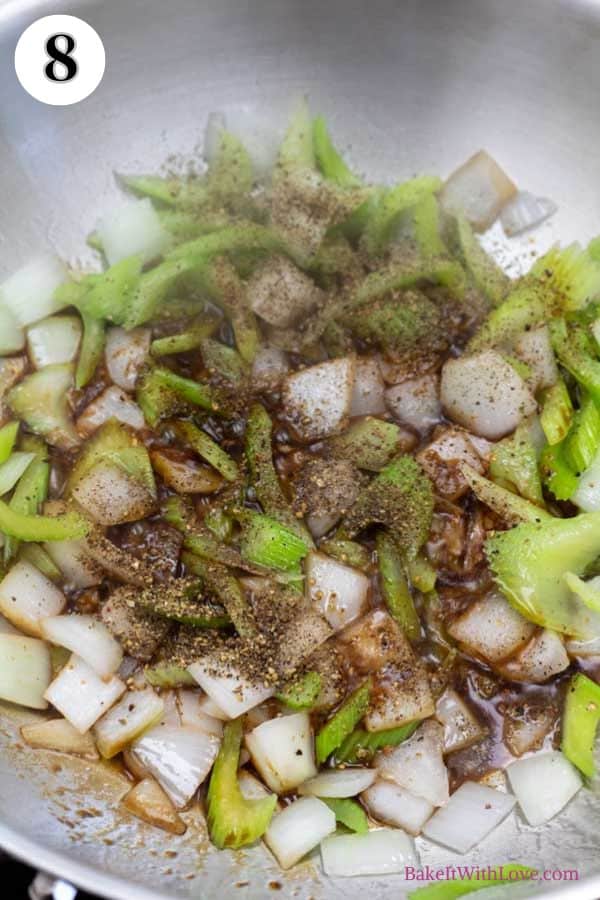 Panda Express black pepper chicken copycat recipe process photo 8 adding seasoning to the veggies.