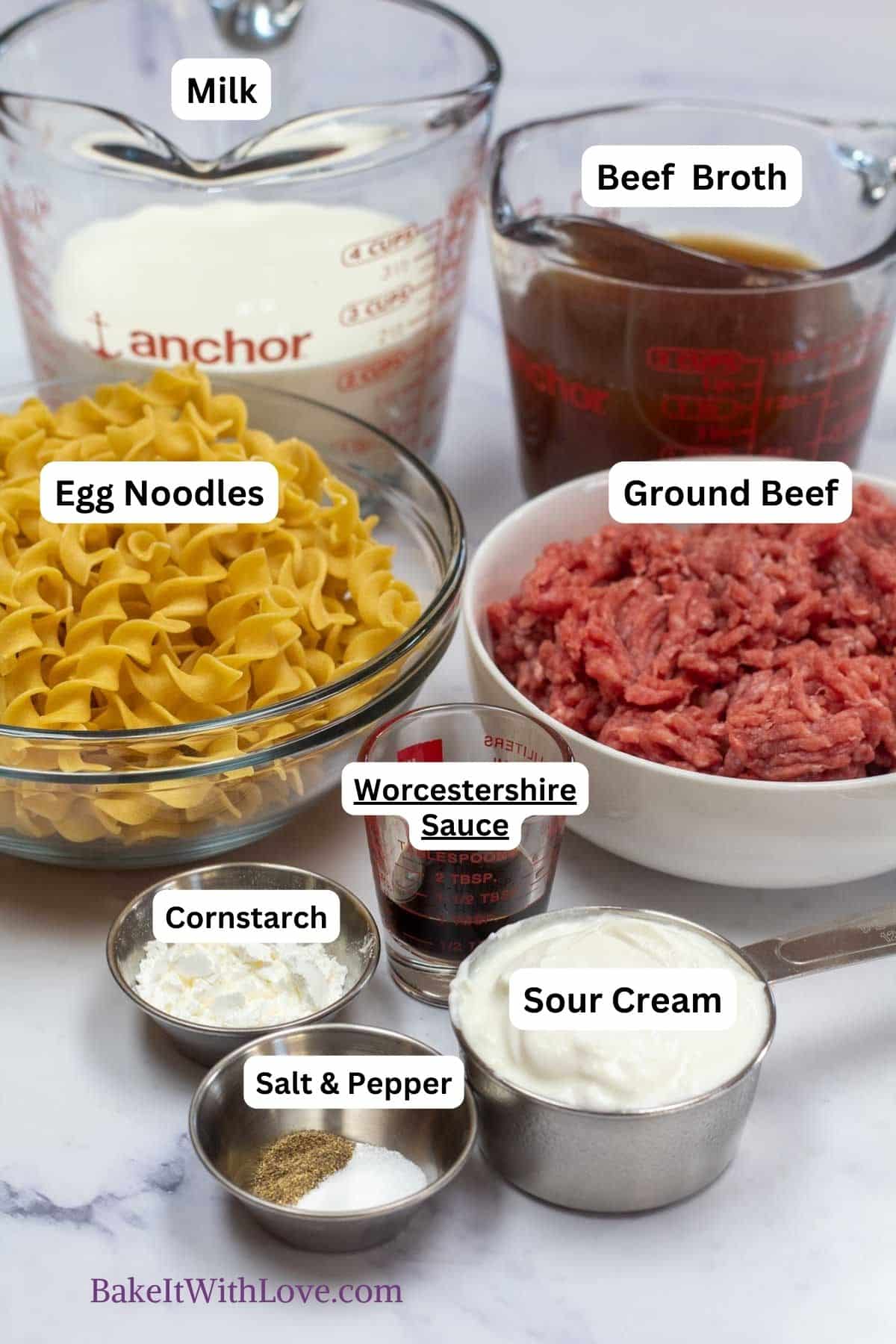 Tall image of ingredients needed for hamburger helper beef stroganoff.