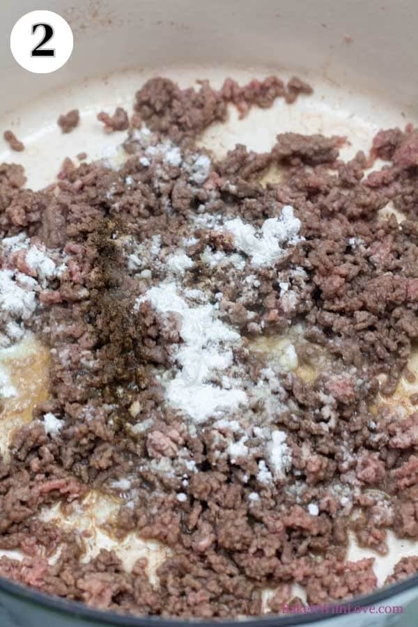 Process image 2 showing browned ground beef and seasoning in skillet.