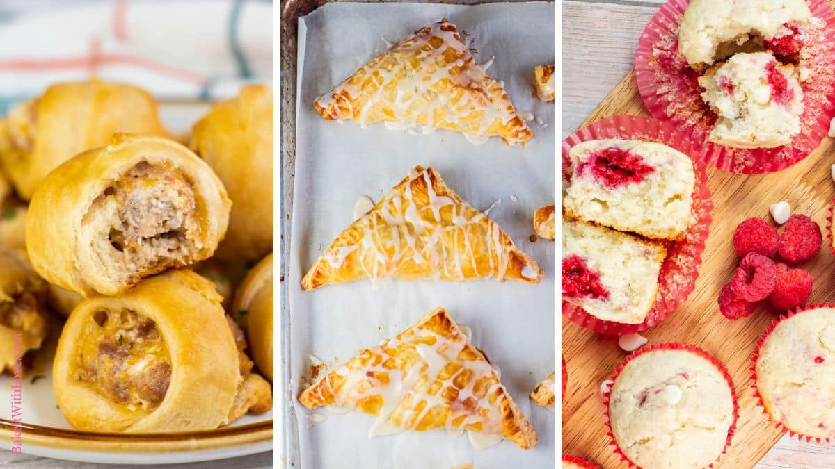 A wide trio of tall images showing sausage cream cheese biscuit bites, puff pastry apple turnovers, and raspberry white chocolate muffins.