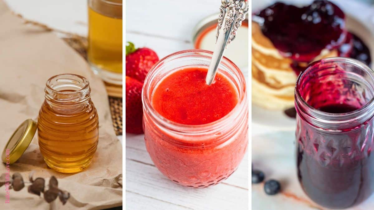 A wide trio of tall images showing honey in a glass jar, strawberry coulis, and homemade blueberry syrup.
