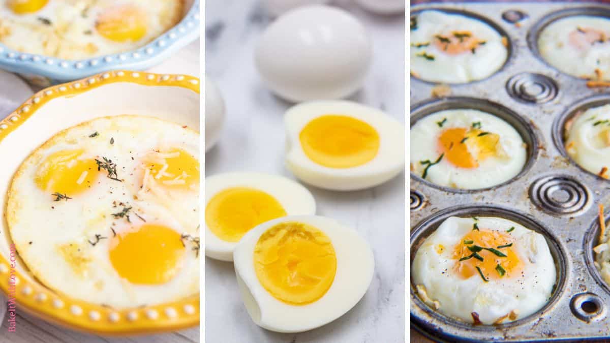 A wide trio of tall images showing baked eggs, hard-boiled eggs, and hash brown egg cups.