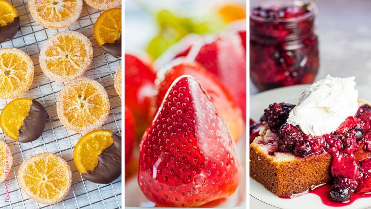 A wide trio of tall images showing candied oranges, candied strawberries, and roasted berries on french toast.