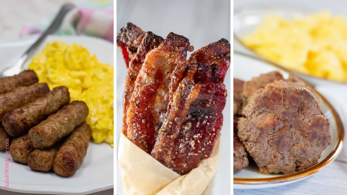 A wide trio of tall images showing air fryer frozen sausage links, candied bacon, and homemade breakfast sausage patties.