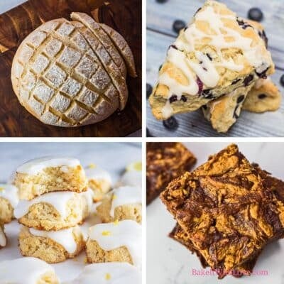 A square four-image collage showing recipes you can make without needing eggs including a beautifully scored cob loaf, blueberry cream cheese scones, lemon almond cookies, and peanut butter banana brownies.